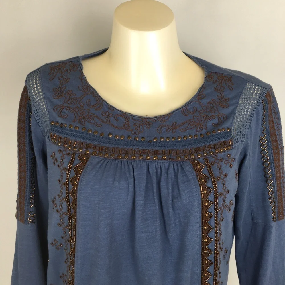 Sundance Boho Top Beaded Embroidered Blue Copper Long Sleeve Women’s Size Small